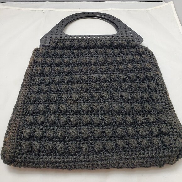 Vintage Popcorn Crochet Black Handbag Purse with Black Lucite Handles. - Picture 1 of 4